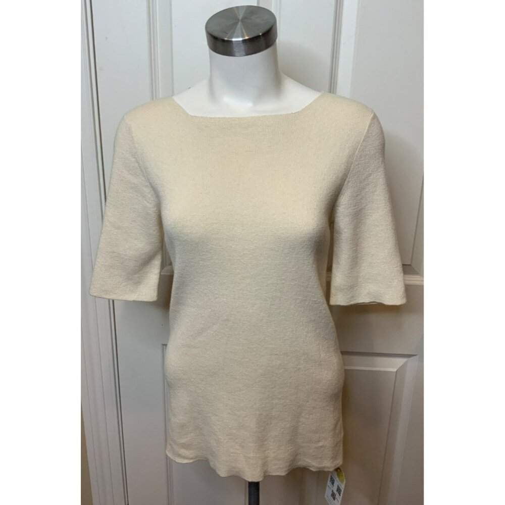 Lauren Manoogian Cream Cotton Alpaca Short Sleeve Knit Sweater, Size 2 | Medium